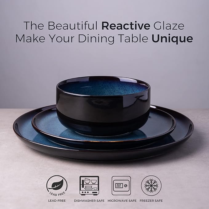 LERATIO Ceramic Plate Set of 6,8.5 Inch Reactive Glaze Light Weight Porcelain Salad Plates,Modern Shape Dinnerware Dishes Set for Kitchen,Microwave&Dishwasher&Oven Safe,Resistant-Indigo Blue