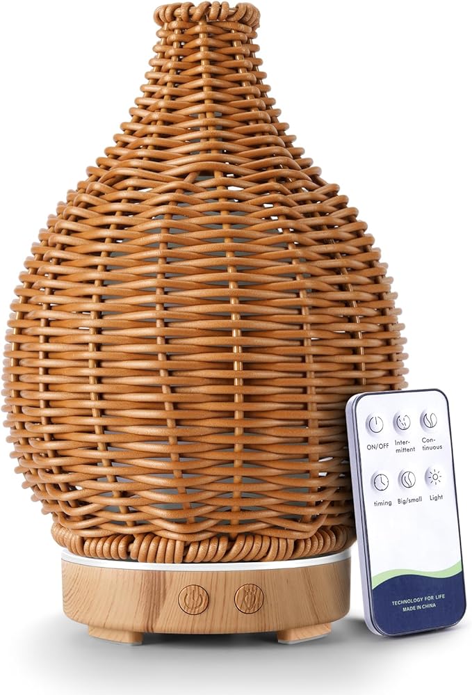Boho Essential Oil Diffuser for Home Rattan Weaving with Remote Control, 100mL 7 Changing Color Lights Ultrasonic Aroma Humidifier, Noiseless Auto-Off Sleep Mode for Bedroom Office Workout