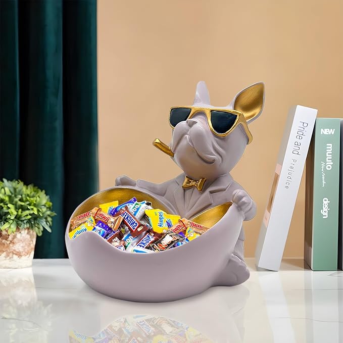 Bulldog Candy Bowl Decor, Heart-shaped Key Holder Bowl Candy Dish, Bulldog Accessories, Resin Bulldog Statue for Office Desk Home Decor Figurines Entryway Table Decor (Purple Grey)