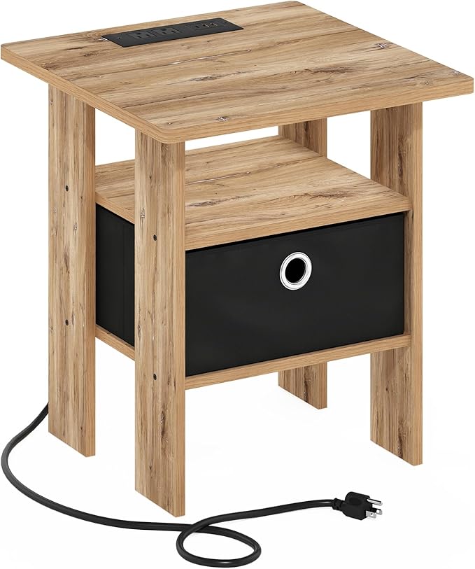 Furinno Andrey USB and Type-C Port Charging Station End Table with Storage Bin, 15.55 (W) x 12.56 (H) x 8.5 (D) inches, Flagstaff Oak/Black