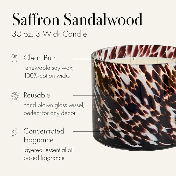 LAFCO New York Fall 3-Wick Candle, Saffron Sandalwood - 30 oz - 120-Hour Burn Time - Reusable, Hand Blown Glass Vessel - Made in The USA