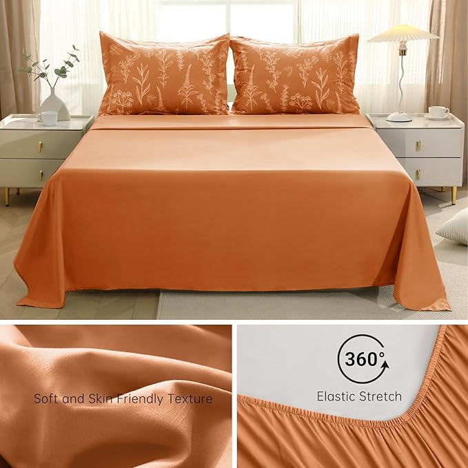 MUXHOMO Burnt Orange Bed in a Bag King 7 Pieces, King Comforter Set Reversible Botanical Flowers Design, Ultra Soft & Breathable Bedding Sets with Comforter, Sheets, Pillowcases & Shams