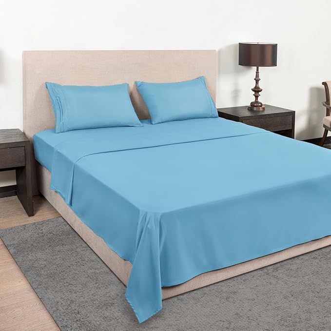Mejoroom Queen Size Sheet Set - Hotel Luxury 1800 Bedding Sheets & Pillowcases - Deep Pocket Fitted Sheet, Soft, Breathable, Wrinkle & Fade Resistant - 4 Piece (Queen, Denim Blue)