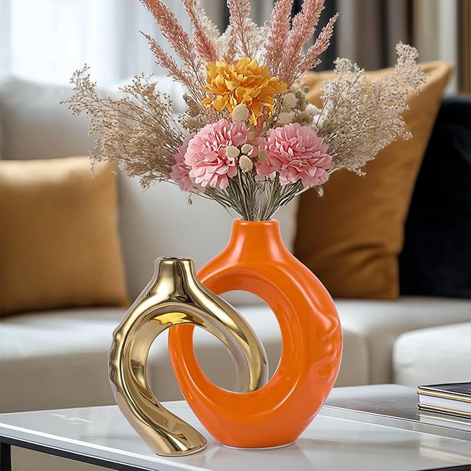 Orange Gold Ceramic Vase Set of 2 for Modern Home Decor,Round Boho Vase for Pampas Grass,Neutral Minimalist Statue for Dining Room Table Centerpiece Dining Room,Wedding Table Decoration