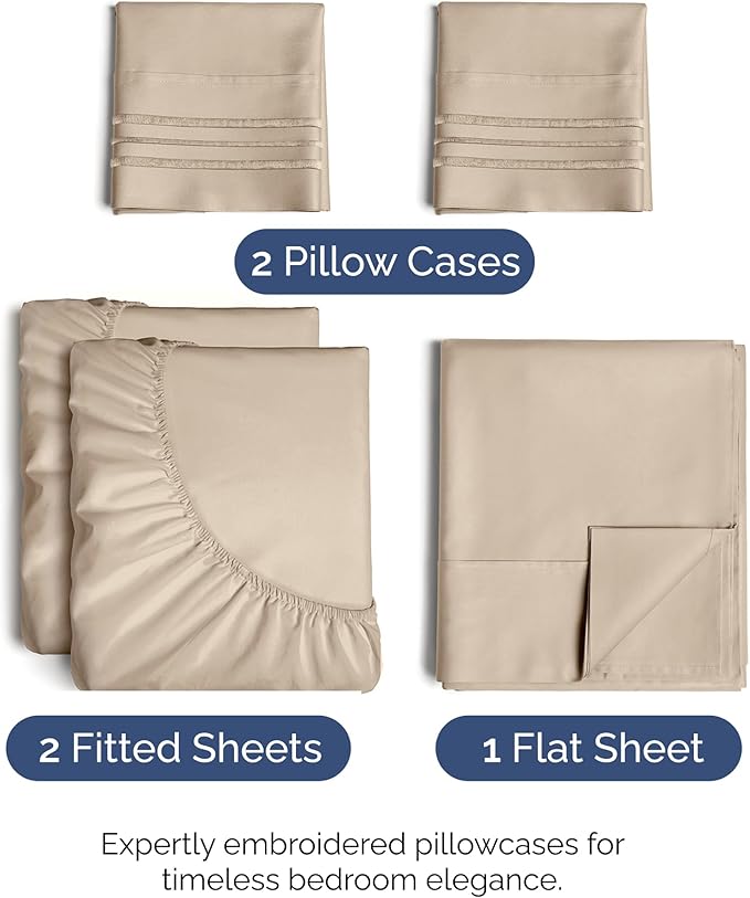 Split King Size 5 Piece Sheet Set - Comfy Breathable & Cooling Bed Sheets Set - Hotel Luxury Bedding for Women, Men, Kids, Teens, Boys & Girls - Deep Pockets, Soft and Wrinkle Free - Oeko-Tex - Cream