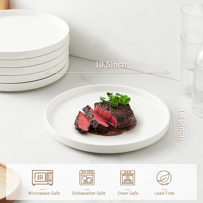 Jassceram 10.5 Inch Dinner Plates, Ceramic Flat Plates for Dining and Kitchen, High Edge Modern Plates - Microwave, Oven and Dishwasher Safe, Scratch Resistant and Lead-free, Set of 6, White
