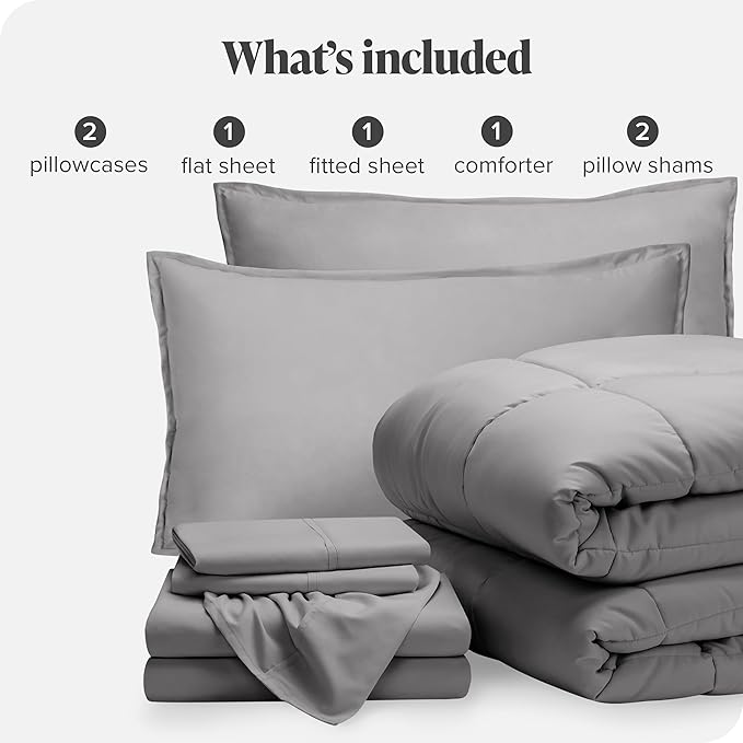 Bare Home Bed-in-A-Bag 7 Piece Comforter & Sheet Set - Queen - Goose Down Alternative - Ultra-Soft 1800 Premium - Bedding Set (Queen, Light Grey/Light Grey)