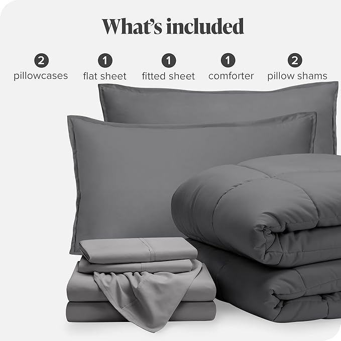 Bare Home Bed-in-A-Bag 7 Piece Comforter & Sheet Set - California King - Goose Down Alternative - Ultra-Soft 1800 Premium Bed Set (Cal King, Grey/Light Grey)