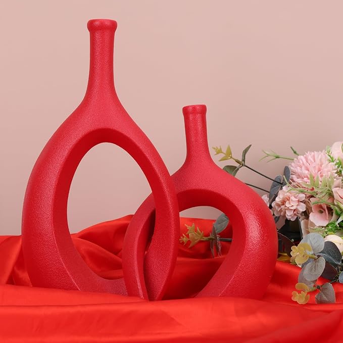 Dark Red Unique Hollow Bud Vases Set of 2,Modern Snuggle and Huging Style Ceramic Vase for Pampas Grass,Living Room Decorations for Fireplace,Coffee Table Centerpiece,Mantle,Bookshelf Decor