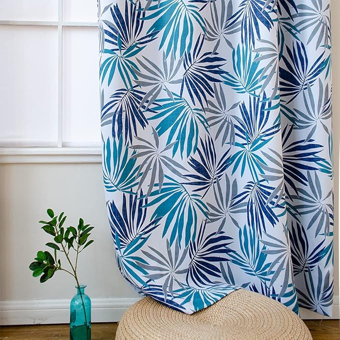Linentalks Blue Leaf Curtains for Bedroom, Blue Gray Patterned Blackout Curtains 96 Inch Length 2 Panels Set, Light Blocking Room Darkening Curtains Grommet Thermal Insulating Navy Black Out Drapes