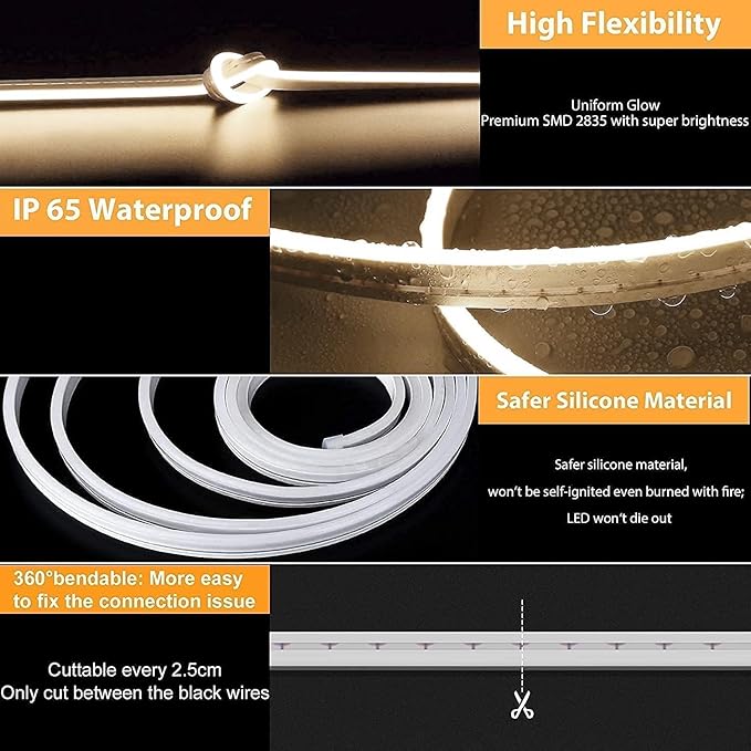 Lamomo LED Neon Lights, 12V Neutral White Dimmable LED Strip Lights, 16.4ft/5m Waterproof LED Neon Rope Lights, Silicone 4500K Neon LED Strip for Bedroom Indoor Home Decor (Power Adapter Included)