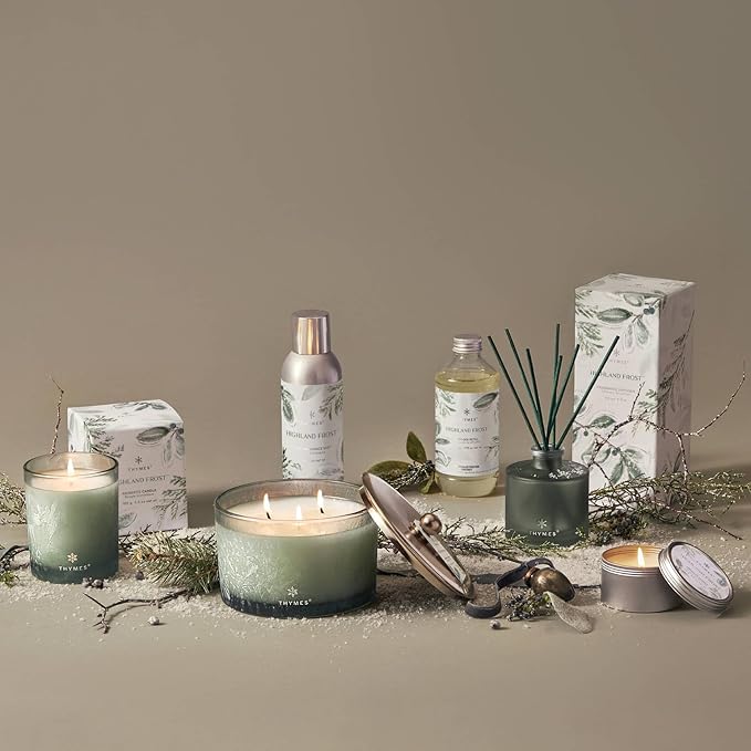 Thymes Scented Candles for Home Decor - Luxury Home Fragrance Gifts for Women & Men - Winter Candles with Crisp Notes of Sage, Eucalyptus, & Cypress Needles - Sage-Green (Highland Frost, 6.5 oz)