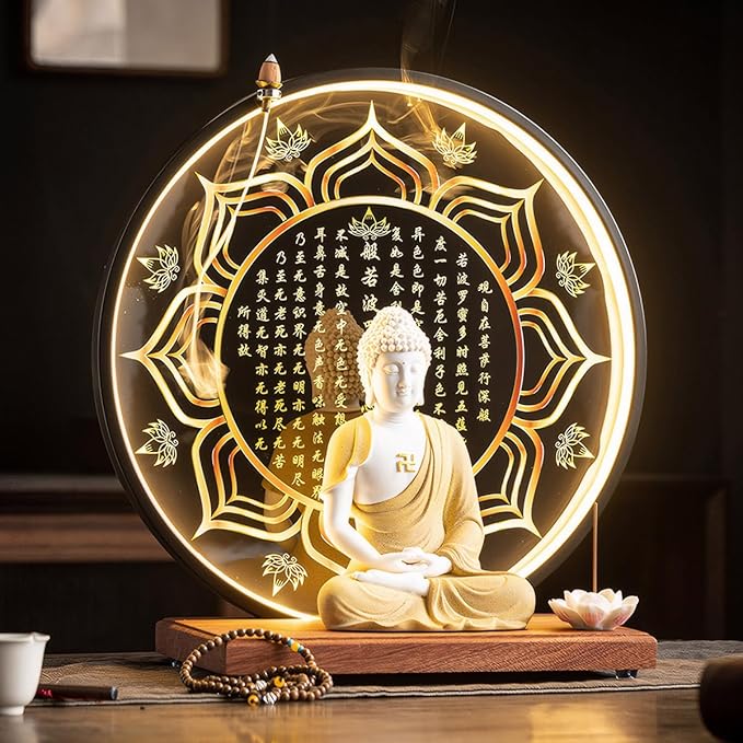 Shakyamuni Buddha Ceramic Statue Indoor Backflow Incense Burner with Led Ring Light Heart Meridian Painting，Meditation Decoration for Home and Office, Suitable for Cone and Stick Incense