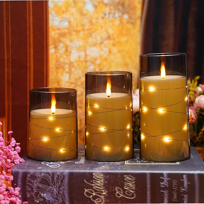 Flameless LED Candles with Timer 3 Pc Flickering Flameless Candles for Romantic Ambiance and Home Decoration Stable Acrylic Shell,with Embedded Star String，Battery Operated Candles（Grey）