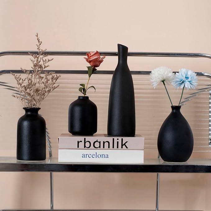 Black Ceramic Vase Set of 4, Classic Matte Vases Home Decorations for Table Shelf Office Decor (Black)