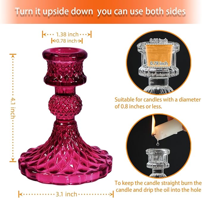 Glass Candlestick Holder,Striped Taper Candle Holders,Set of 6 Candle Stand for Table Centerpieces, Home Decor,Weddings,Festival and Parties (GCH002-Purple Dimond)