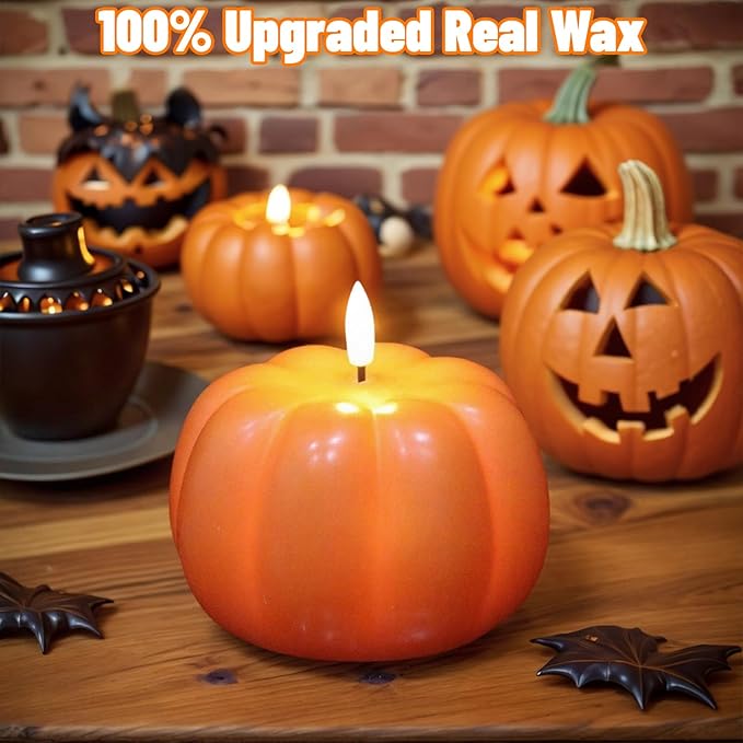 Wondise Fall Decorations Flameless Wax Pumpkin Candles with 6H Timer, Orange Battery Operated LED Candles Fall Decor for Thanksgiving Gifts, Autumn Farmhouse Harvest Decor for Home Decoration