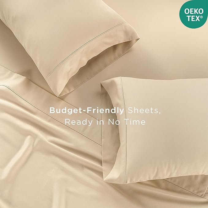 Threadmill Cotton Full Size Sheet Set| 100% Cotton Sheets for Full Size Bed | Solid Sateen Full Bed Sheets Set with 16” Elasticized Deep Pocket | Soft Breathable 4-Piece Cooling Sheet Set | Beige