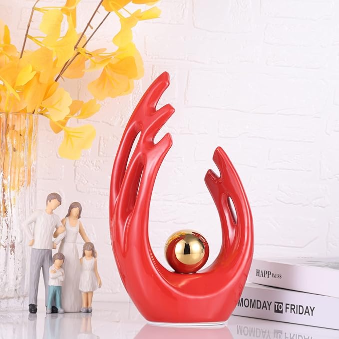 12" H Red Gold Aesthetic Room Decor Accent, TV Stand Funky Table Centerpiece, Abstract Art Ceramic Statue and Sculpture, Red Decor for Living Room, Bookshelf Decorative Objects, Shelf Decor