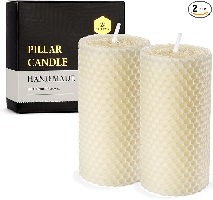 Drippless Beeswax Pillar Candle - Hand Rolled Pure Natural Beeswax Candles 2 x 4 inch, Honeycomb Surface - Great for Home Decor, Best Choice for Mother Father or Sister Gift - Pack of 2 Ivory White