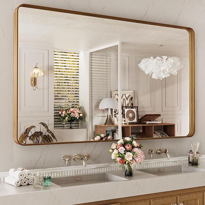 LOAAO 60X30 Inch Bathroom Mirror with Wood Grain Colored Metal Frame, Rounded Rectangle Metal Framed Bathroom Mirror, Anti-Rust, Hangs Horizontally or Vertically, Tempered Glass
