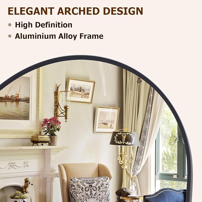 Arched Full-Length Mirror, 36"x78" Arched Floor Mirror with Stand, Wall-Mounted for Bathroom, Dressing Room - Hanging or Leaning - Full Body Mirror for Bedroom, Black