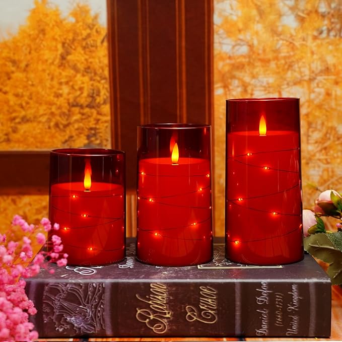 Flameless LED Candles with Timer 3 Pc Flickering Flameless Candles for Romantic Ambiance and Home Decoration Stable Acrylic Shell,with Embedded Star String，Battery Operated Candles（Red）