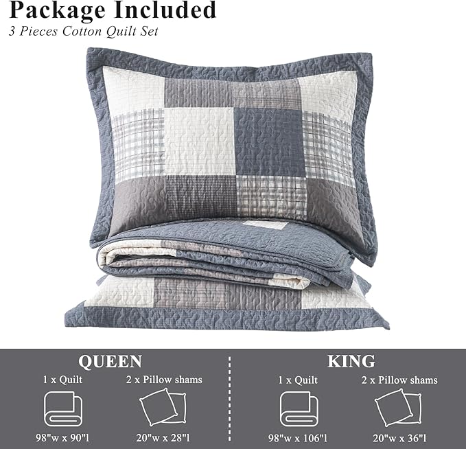 Quilts King Size - Plaid Design Modern Quilt Set with Matching Shams, 3 Pieces 100% Cotton King Quilt Bedding Set, Reversible Bedspread Coverlet for All Season, Gray/Brown/Beige