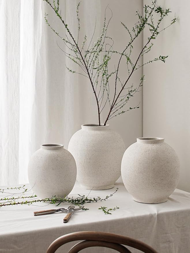 Large White Ceramic Vase - 9.8 Inch Rustic Farmhouse Vase for Home Decor, Minimalist Tall Vases for Living Room, Table, Bathroom, Holiday & Weddings (Sandstone White)