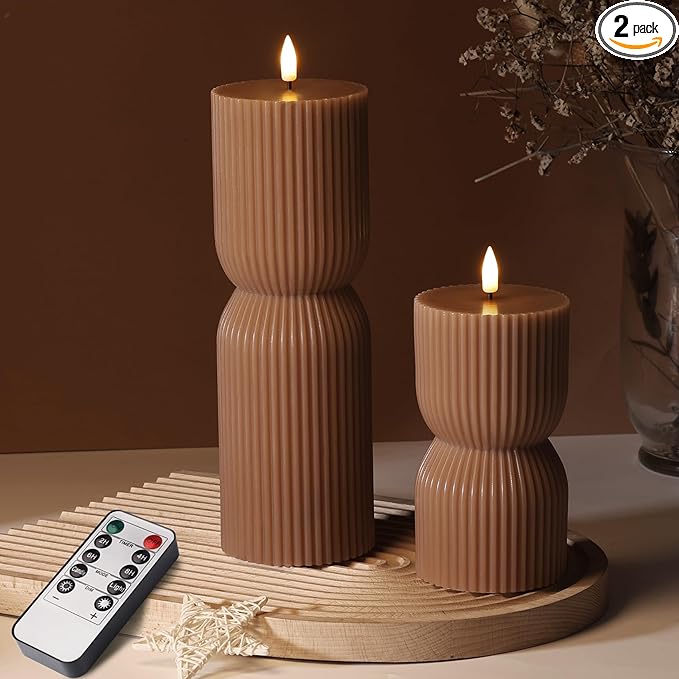 Brown Ribbed Flameless Pillar Candles with Remote, Real Wax Flickering Fall Battery LED Candles Set of 2
