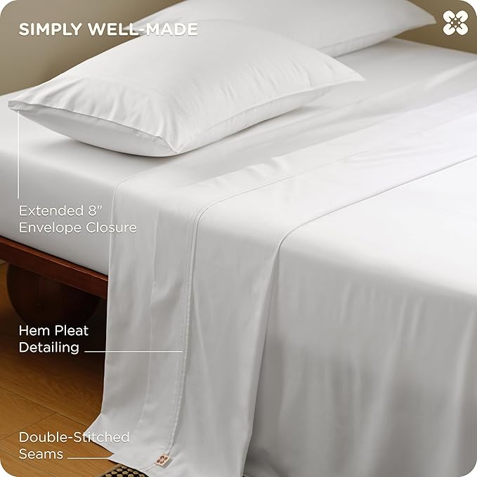 Bedsure Cooling Sheets, Rayon Derived from Bamboo & Cotton Blend, GentleSoft, Breathable, Queen Sheet Set, Deep Pocket Up to 18 Inches, Hotel Luxury Bedding for Hot Sleepers, White