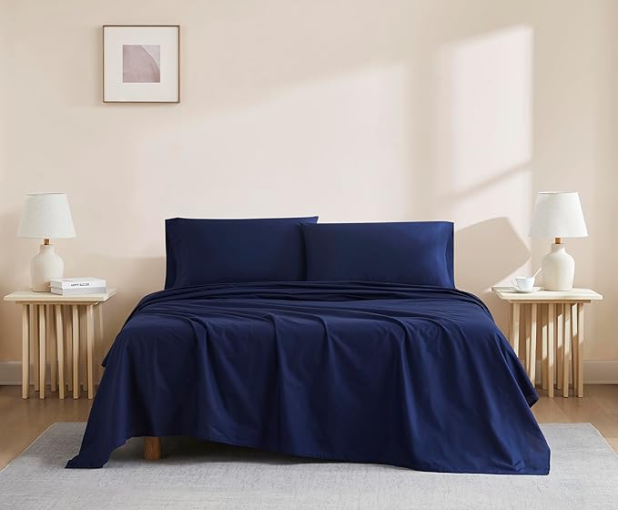 Linen Closet 100% Organic Cotton Twin Sheet 3 Pcs Set, Cotton Sheets with 16” Deep Pocket, Navy | Bed Sheets for College Dorm Essential, Crisp & Breathable, Percale, Comfy, Naturally Cooling