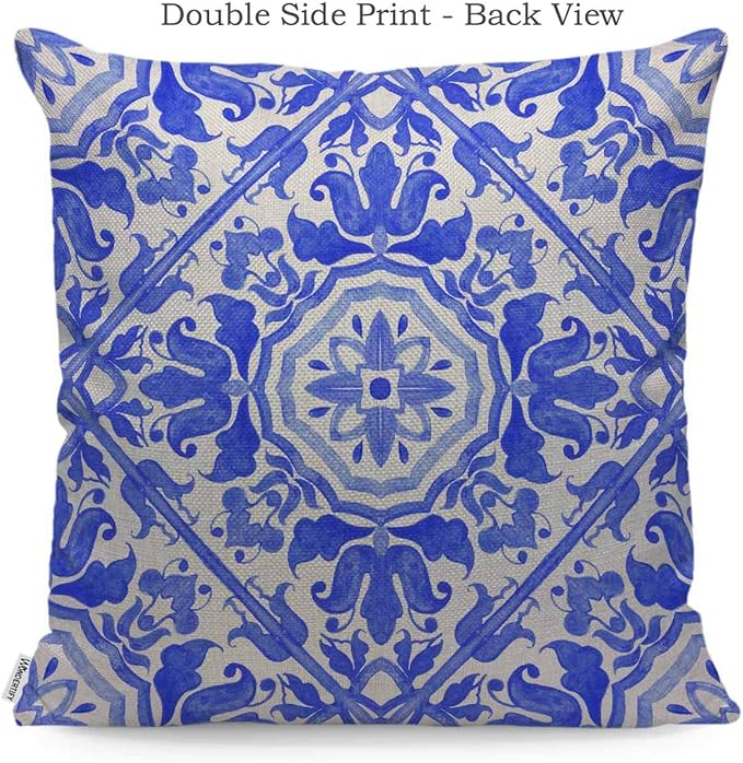 WONDERTIFY Throw Pillow Case Cover Portuguese Azulejo Tiles Talavera Geo Mexican Blue and White Gorgeous Design Soft Linen Pillow Case for Decorative Bedroom/Livingroom/Sofa Cushion Covers 18x18 Inch