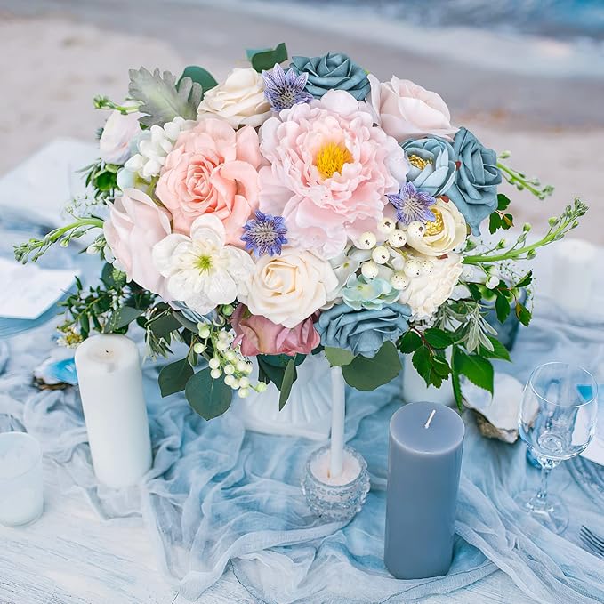 AmyHomie Blue Pink Artificial Flowers Combo Silk Mix Peony Rose Hydrangea Daisy Fake Flowers w/Stem for DIY Wedding Bouquets Centerpieces Arrangements Table Decor Party Bridal Baby Shower Home Decor