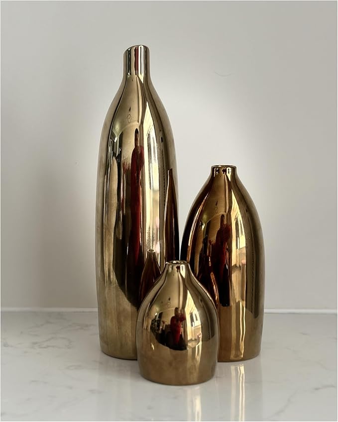 Gold Vase Set - Ceramic Vases Home Decor, Modern Decorative Vase for Flower, Table Centerpieces for Dining Room Living Room Entrance Console Fireplace Bookshelf Kitchen Bathroom Shelf (Gold)