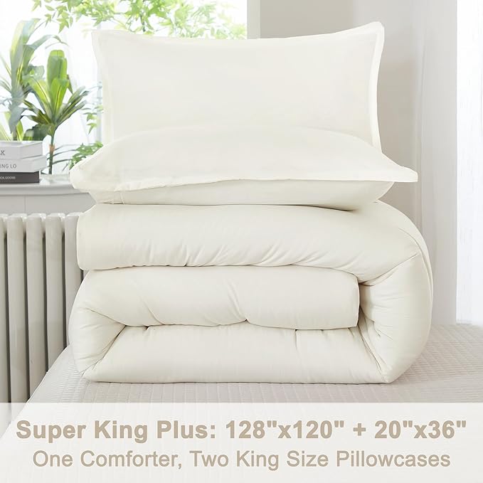 Litanika Oversized King Comforters Ivory Super King Plus Size, 3 Pieces Lightweight Solid Bedding Comforter Set, All Season Fluffy Bed Set (128x120In Comforter & 2 Pillowcases)
