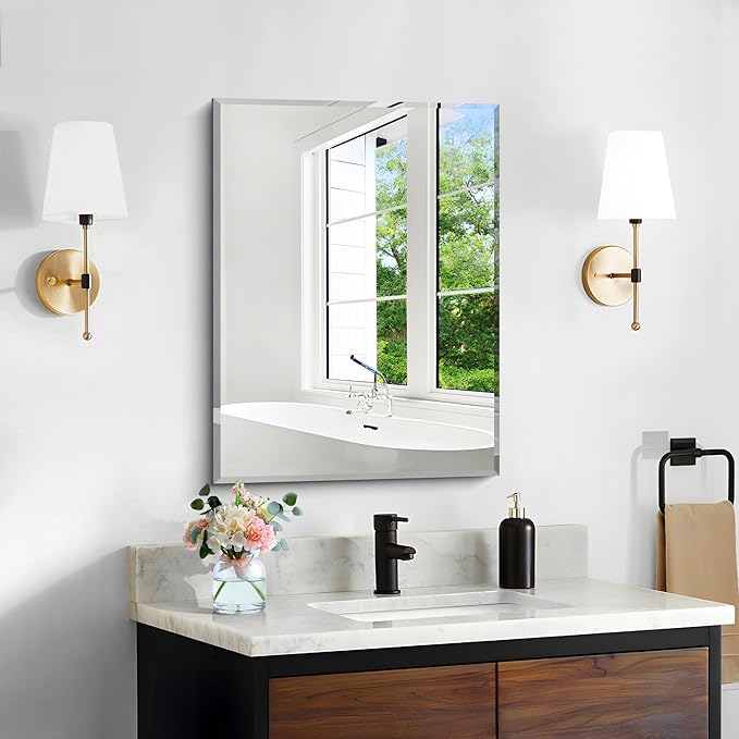 18x24 Beveled Mirror, Frameless Beveled Bathroom Mirrors for Wall, Upgraded Shatterproof Rectangle Vanity Mirror with Beveled Edge for Bathroom, Bedroom, Living Room and Entryway