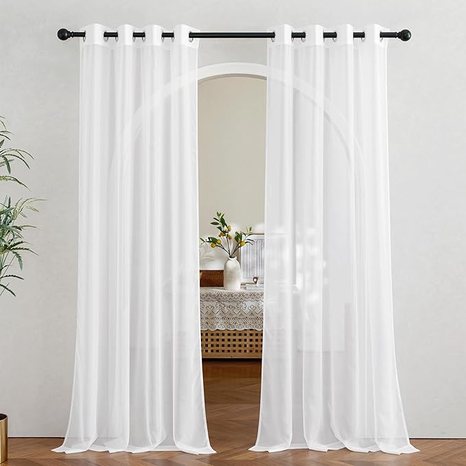NICETOWN Sheer Window Curtain Panels - Ivory Eyelet Top Solid Voile for Kitchen/Hotel, 2 Pieces, 54 Wide x 84-inch Length
