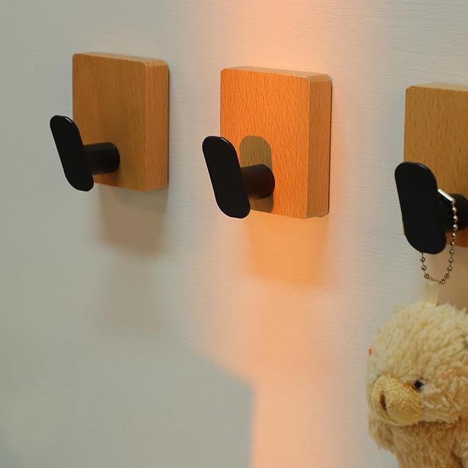DELITON Towel Hooks Wall Mounted - Adhesive Bathroom Coat Hooks for Hanging Robes Clothes Light Brown, Black Solid Wood Beech Wall Hook 4 Packs