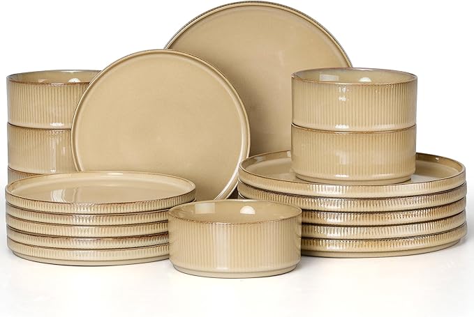 E-far Stoneware Dinnerware Sets, 18-Pieces Modern Plates and Bowls Sets, Kitchen Dinning Porcelain Dishes Set for 6, Chip & Scratch Resistant, Dishwasher & Microwave Safe, Caramel Khaki