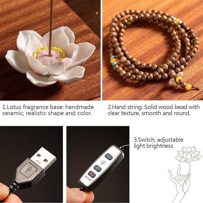 Shakyamuni Buddha Ceramic Statue Indoor Backflow Incense Burner with Led Ring Light Heart Meridian Painting，Meditation Decoration for Home and Office, Suitable for Cone and Stick Incense