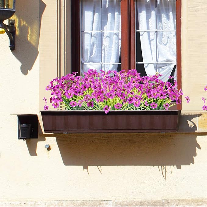 12 Bundles Artificial Flowers Outdoor UV Resistant Fake Flowers No Fade Plastic Plants Garden Porch Window Box Decorating (Purple)