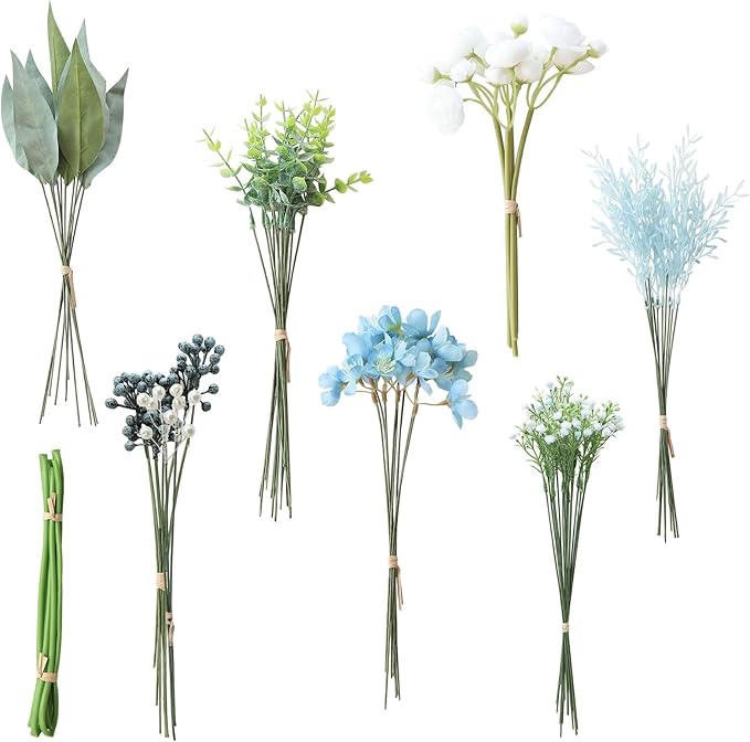 Floroom Artificial Greenery Stems Box Set, 59pcs with 7 Kinds of Faux Greenery Flowers Picks for DIY Bridal Bouquets Wedding Floral Arrangement Table Centerpieces, Blue & White