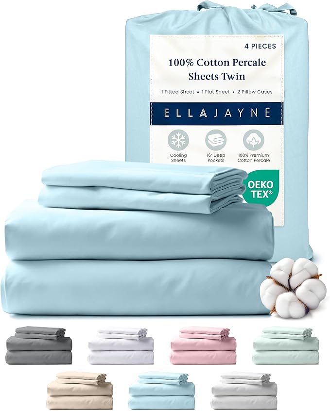 Ella Jayne Percale Sheets Twin (3 Pieces) Permium 100% Cotton Percale TC300, Hotel Luxury Collection, Deep Pockets and Cooling Twin Sheets Set Breathable Cotton Percale (Aqua)