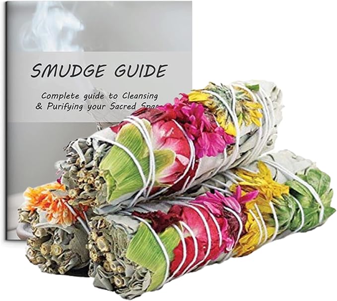 Ancient Veda Joy Organic White Sage Smudge Sticks with Flowers for Cleansing Home, Meditation, Yoga, Healing and Smudging | Sustainably Sourced California White Sage Bundles (3 Pack - 4 Inch)