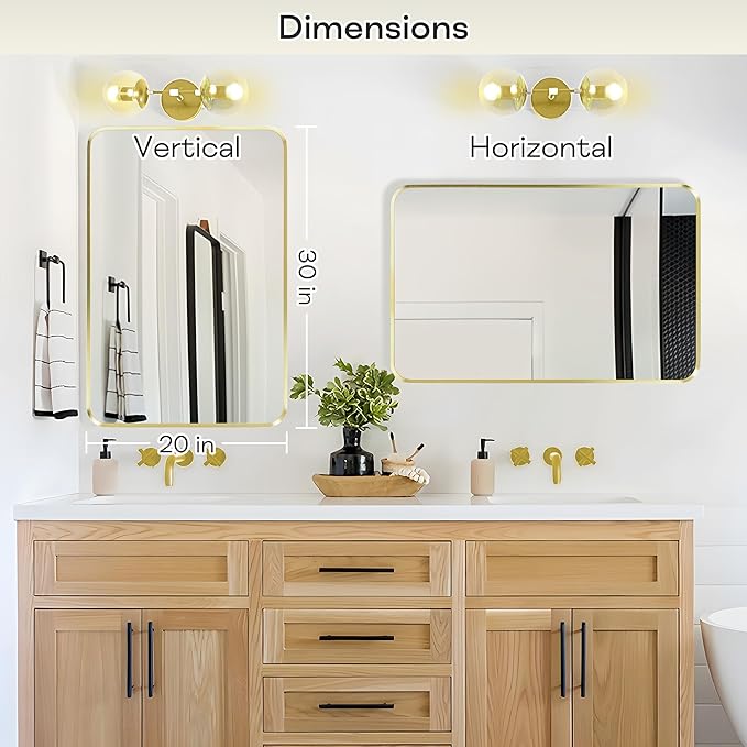 Wall Mount Mirror for Bathroom, Brushed Gold Metal Framed Rounded Corner Rectangular Vanity Mirror (20" x 30", Gold)
