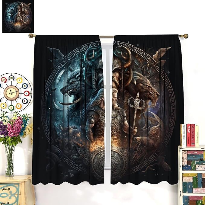 Cool Norse Viking Theme Curtains,Fantasy Ancient Symbols Wildlife Wolf Nordic Vikings Window Drapes Thermal Insulated Rod Pocket Blackout Drapes for Bedroom 2 Panels 63L x 31.5W