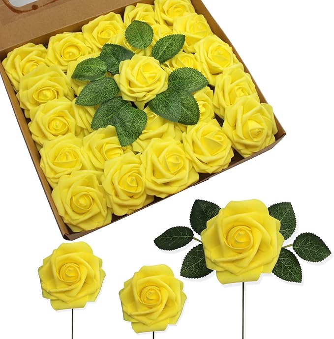 JOYLEX Artificial Flowers Realistic Roses, 25pcs Real Looking Fake Roses with Stem for DIY Wedding Bouquets Centerpieces Bridal Shower Party Home Romantic Decorations (Yellow)