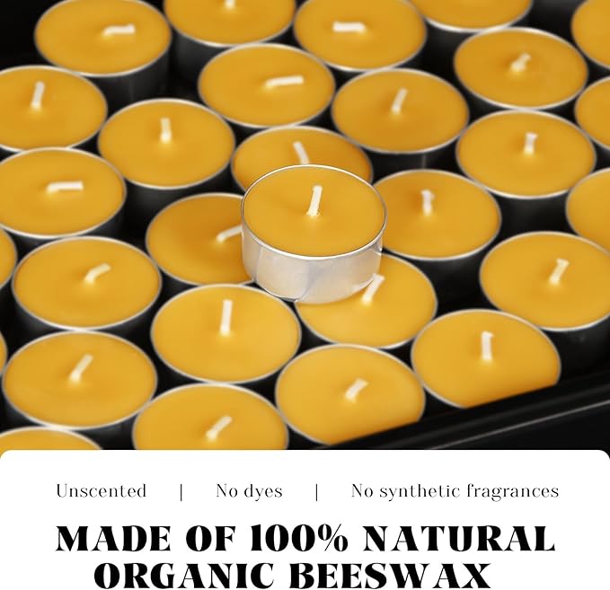 Natural Organic Beeswax Tea Candles in Metal Aluminum Cup - Small Candle Bulk Natural Scent Smokeless 4-5 Hours Long Burning - Yellow, Pack of 50