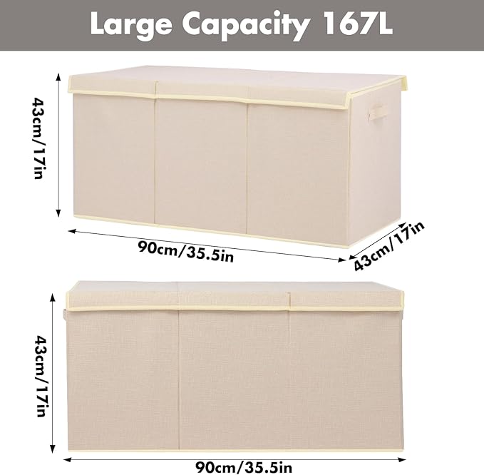 Extra Large Toy Box 167L, Sturdy Toy Storage Chest Organizer Bin Baskets with 2 Removable Divider for Boys, Girls, Kids, Nursery, Bedroom, Playroom, 35.5"x17" x17" (Linen Beige)